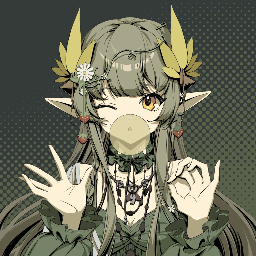 1girl, alternate_costume, arknights, blowing_bubbles, blunt_bangs, chewing_gum, dress, flower
