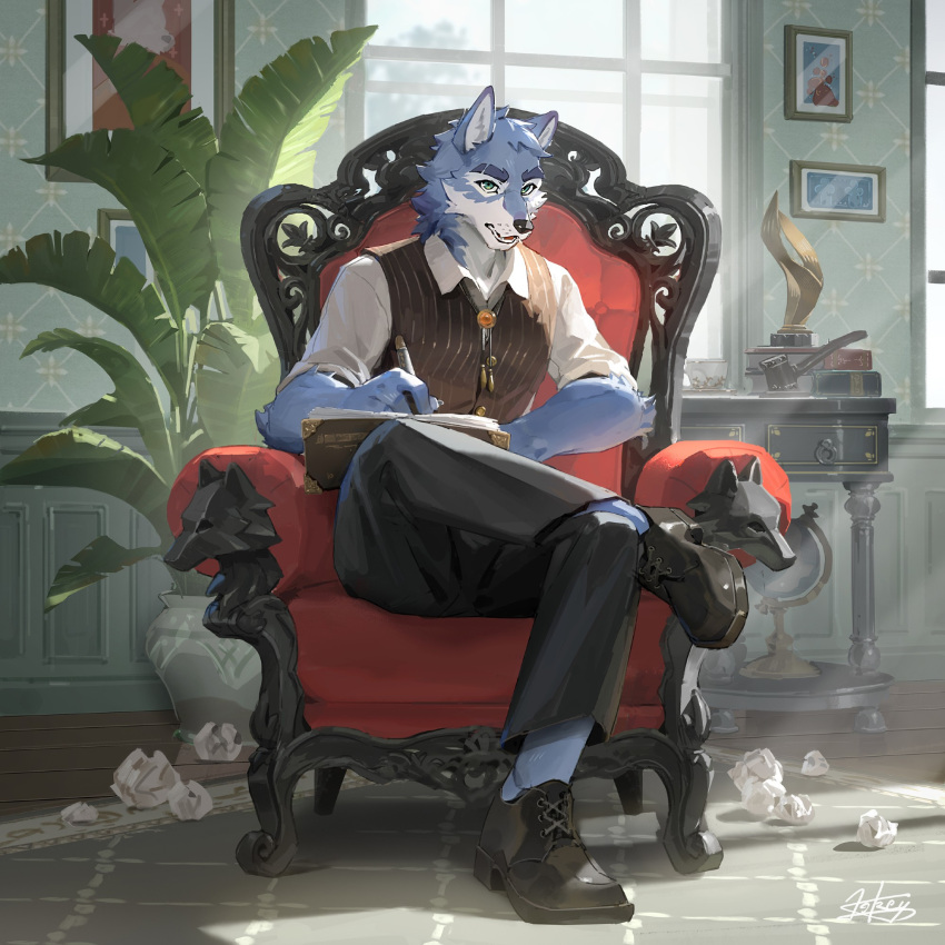 1boy, animal_ears, black_footwear, black_pants, black_vest, book, crossed_legs, crumpled_paper, english_commentary, eyebrow_cut, fangs, furry, furry_male, green_eyes, harrod_graywool, highres, holding, holding_pen, i_lokey, leg_up, male_focus, mercury_abbey, on_chair, open_book, open_mouth, pants, pen, pinstripe_pattern, pinstripe_vest, plant, potted_plant, shirt, signature, sitting, sleeves_rolled_up, vest, white_shirt, wolf_boy, wolf_ears, writing