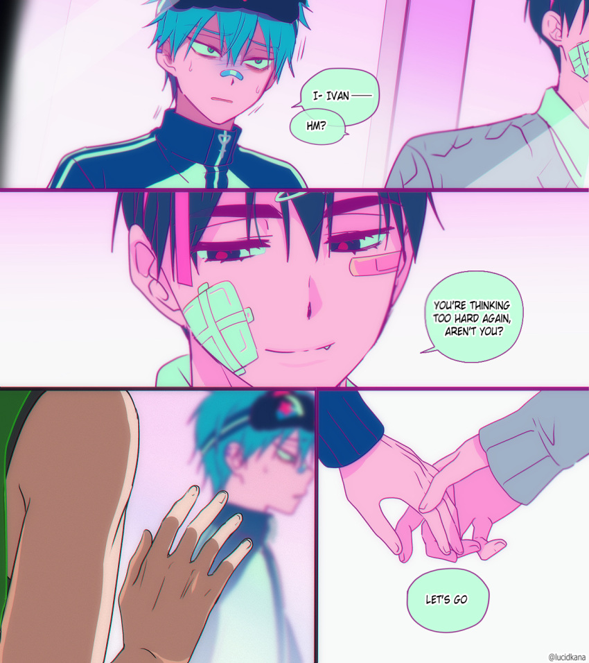 2boys, alien_stage, artist_name, bandaid, bandaid_on_face, bandaid_on_nose, blue_hair, blue_jacket