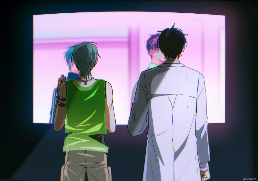 2boys, alien_stage, armband, artist_name, black_tank_top, blue_hair, blue_jacket, brown_pants