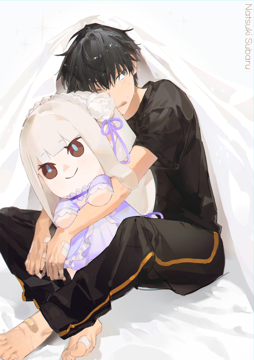 1boy, 1girl, absurdres, after_bathing, alternate_hairstyle, bandaid, bed, black_hair, black_shirt, blanket, blue_pupils, braid, character_doll, character_name, crossed_legs, crown_braid, doll, dress, elf, emilia_(re:zero), english_text, flower, hair_down, hair_flower, hair_ornament, hair_ribbon, highres, holding, holding_doll, hugging_doll, hugging_object, kh_sohot, long_hair, looking_to_the_side, natsuki_subaru, on_bed, open_mouth, pants, pointy_ears, re:zero_kara_hajimeru_isekai_seikatsu, ribbon, rose, scar, shirt, short_hair, smile, track_pants, under_covers, wet, wet_hair, white_flower, white_hair, white_rose