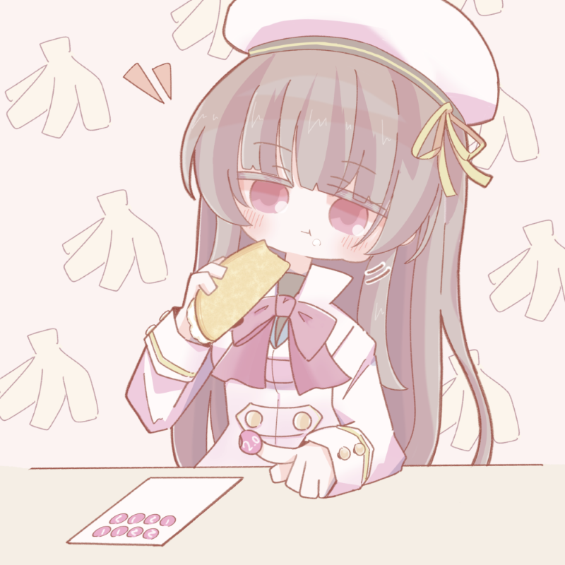 1girl, :t, arm_on_table, assault_lily, banana, beret, black_hair, blush, bow, bowtie, buttons, closed_mouth, eating, food, food_on_face, fruit, fruit_background, hands_up, hat, hat_ribbon, herensuge_girls_academy_school_uniform, holding, holding_food, jacket, long_hair, long_sleeves, morimoto_yuni, motion_lines, nogamo, paper, pink_background, pink_bow, pink_bowtie, pink_eyes, ribbon, school_uniform, solo, sticker, table, upper_body, white_hat, white_jacket, yellow_ribbon