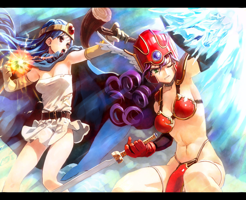 abs, armor, armpits, bikini_armor, blue_hair, breasts, chimochimo, cleavage