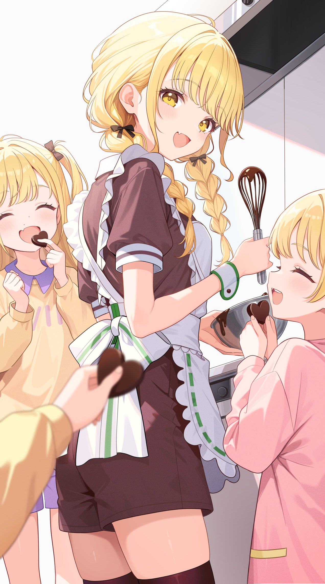 4girls, ^_^, alternate_costume, apron, black_thighhighs, blonde_hair, braid, brown_dress