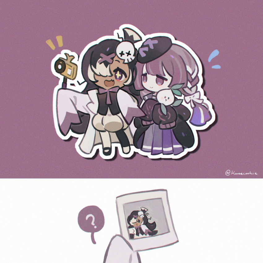 2girls, black_garlic_cookie, black_hair, black_vest, braid, camera, closed_mouth, coat