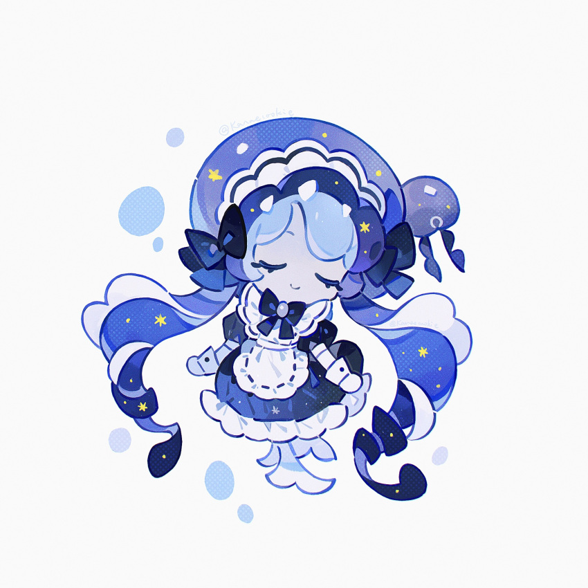 1girl, black_bow, black_footwear, blue_hair, bow, bubble_skirt, closed_eyes, closed_mouth
