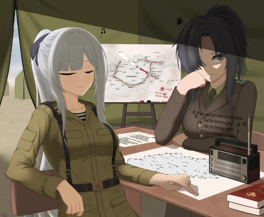 afghanistan, ak-12_(girls_frontline), angelia_(girls_frontline), assault_rifle, girls_frontline, long_hair, map, military