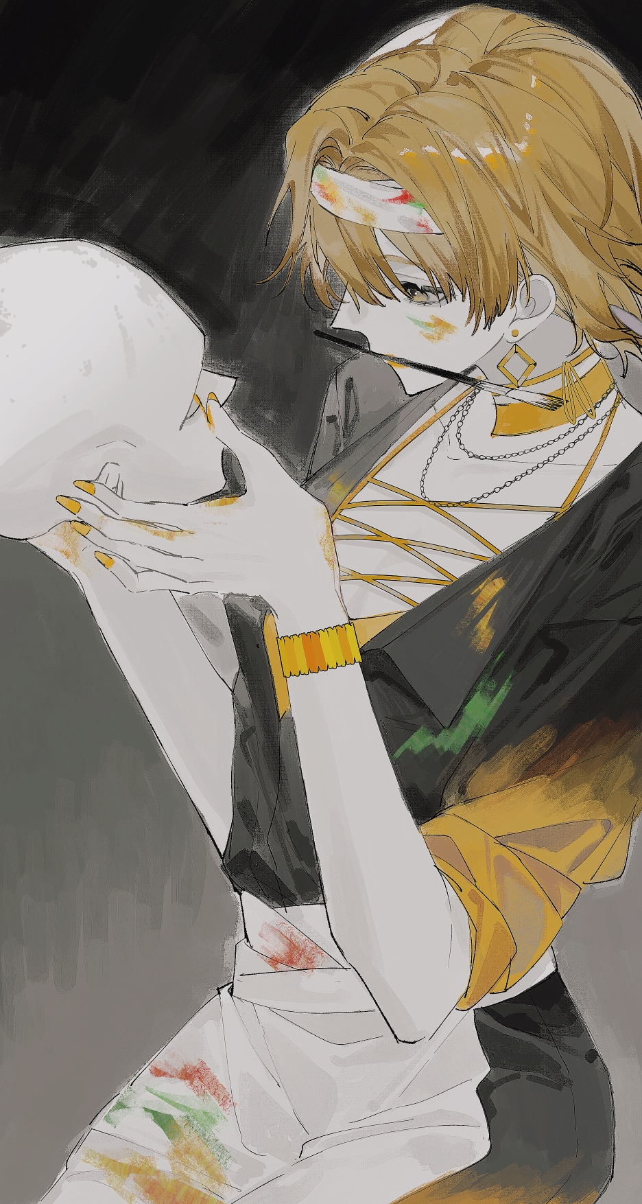 16personalities, 1girl, adventurer_(16personalities), black_jacket, blonde_hair, bracelet, feitianxianyu, hairband, headband, highres, holding_detached_head, jacket, jewelry, long_sleeves, paint_on_body, paint_on_clothes, pants, short_hair, sitting, solo, white_hairband, white_headband, white_pants, yellow_eyes, yellow_nails