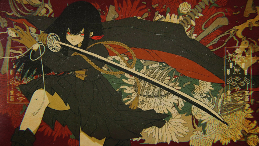 1girl, bags_under_eyes, black_hair, black_jacket, black_skirt, bone, bright_pupils, flower