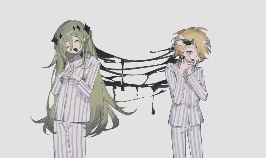 16personalities, 2girls, adventurer_(16personalities), bandaged_head, bandages, black_blood, blood, blue_eyes