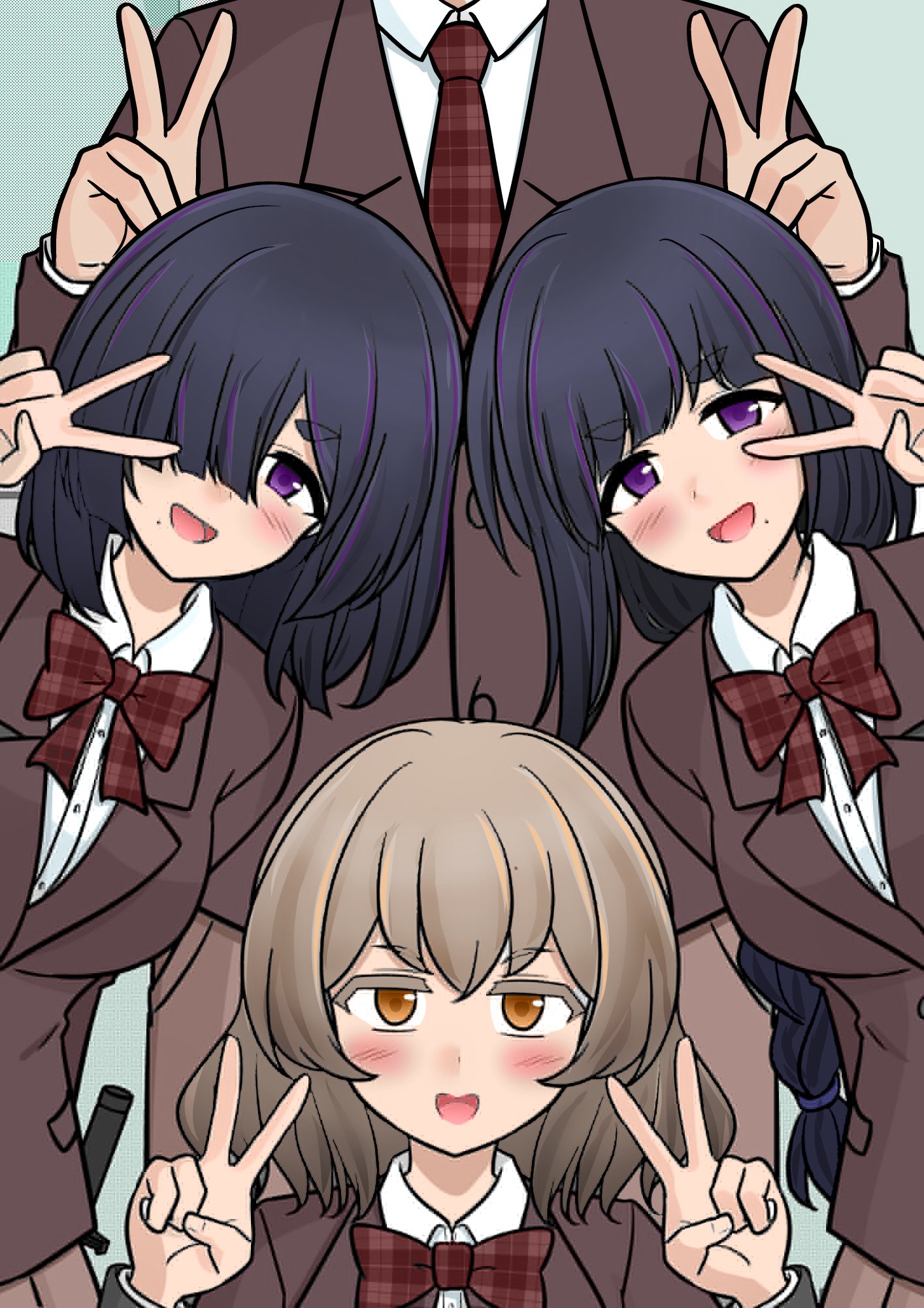 1boy, head_out_of_frame, kisa, long_hair, medium_hair, multiple_girls, pose, short_hair