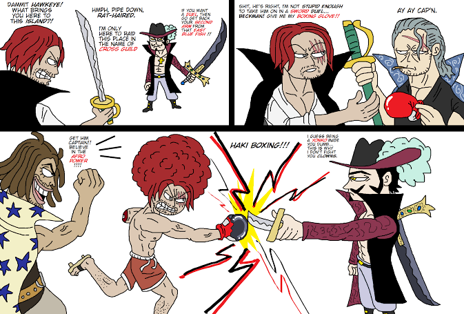 afro, amputee, ben_beckman, dracule_mihawk, dreadlocks, multiple_boys, one_piece, scar_across_eye