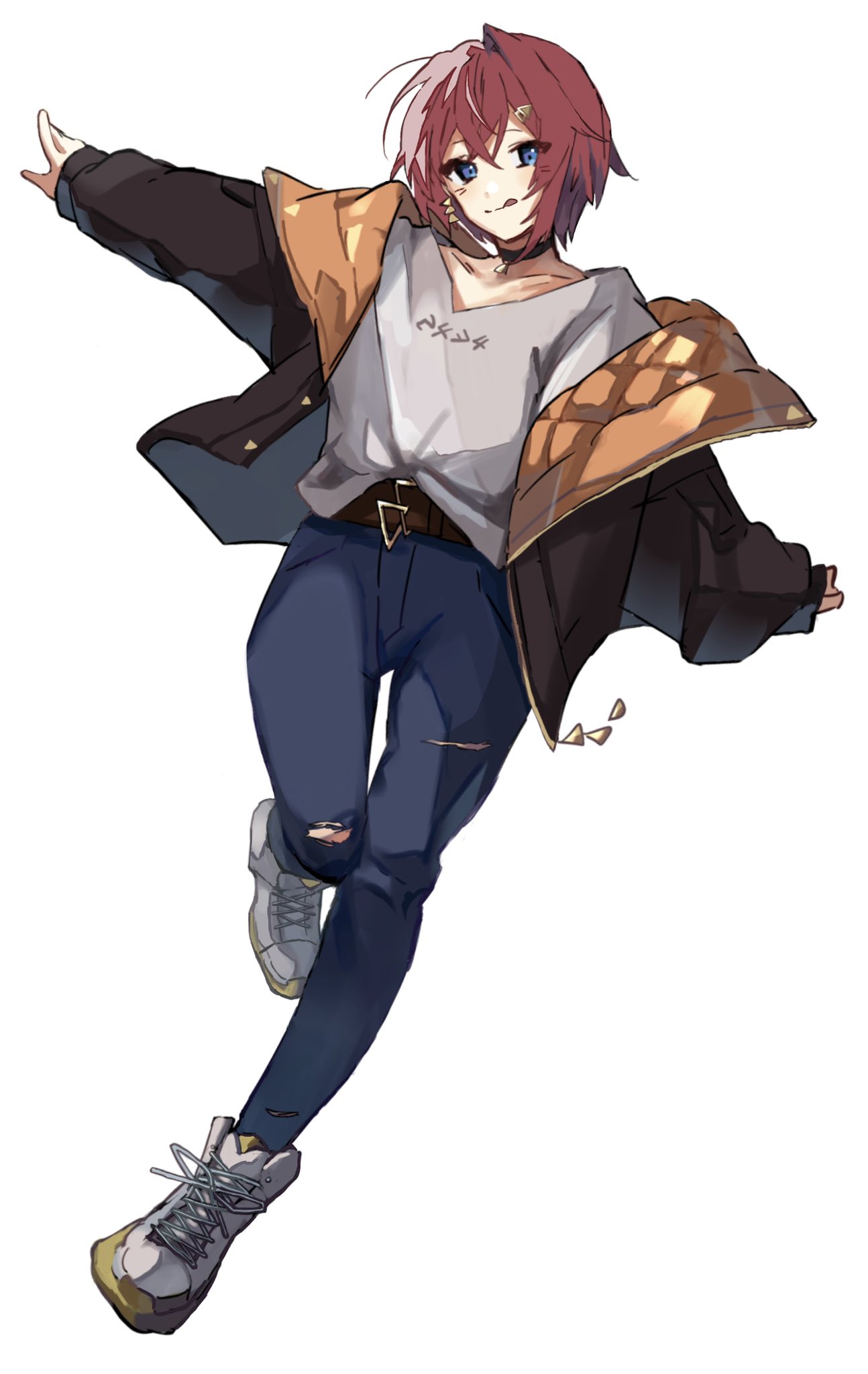 :q, ange_katrina, ange_katrina_(5th_costume), ankle_boots, belt, black_choker, blue_eyes, blue_pants