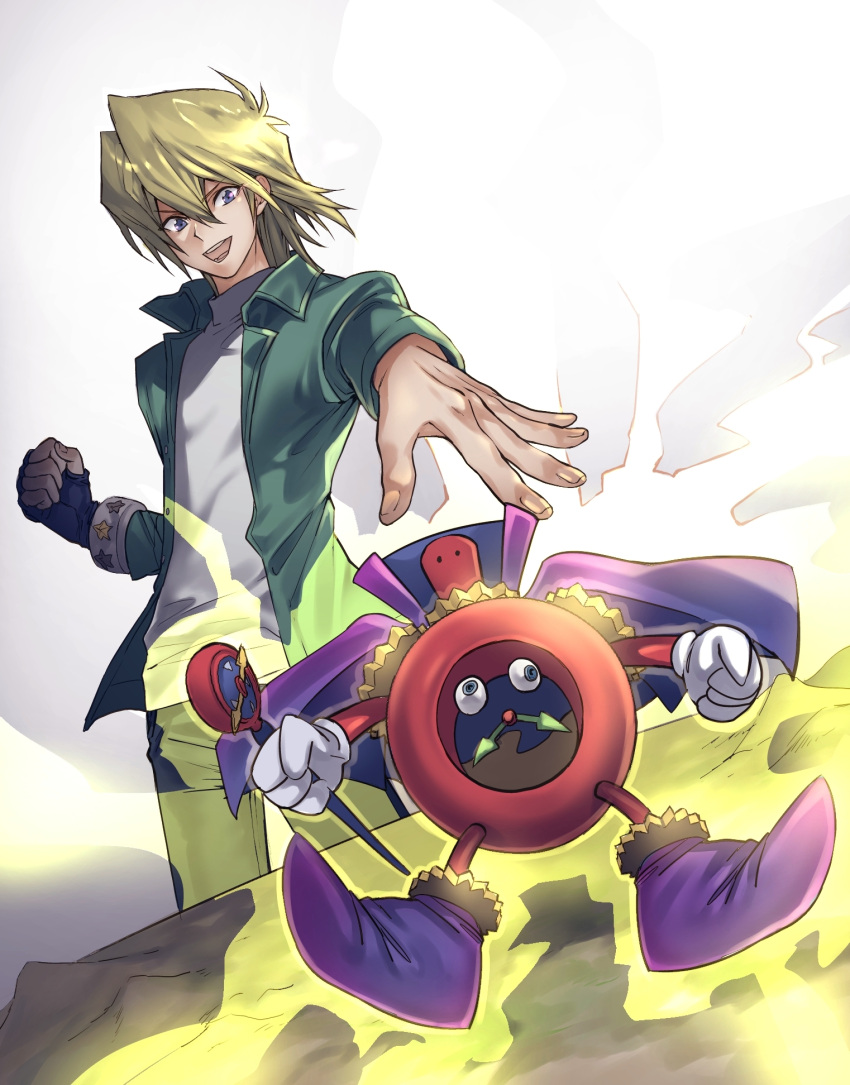 1boy, :d, blonde_hair, cape, clock_face, duel_monster, fingerless_gloves, gears