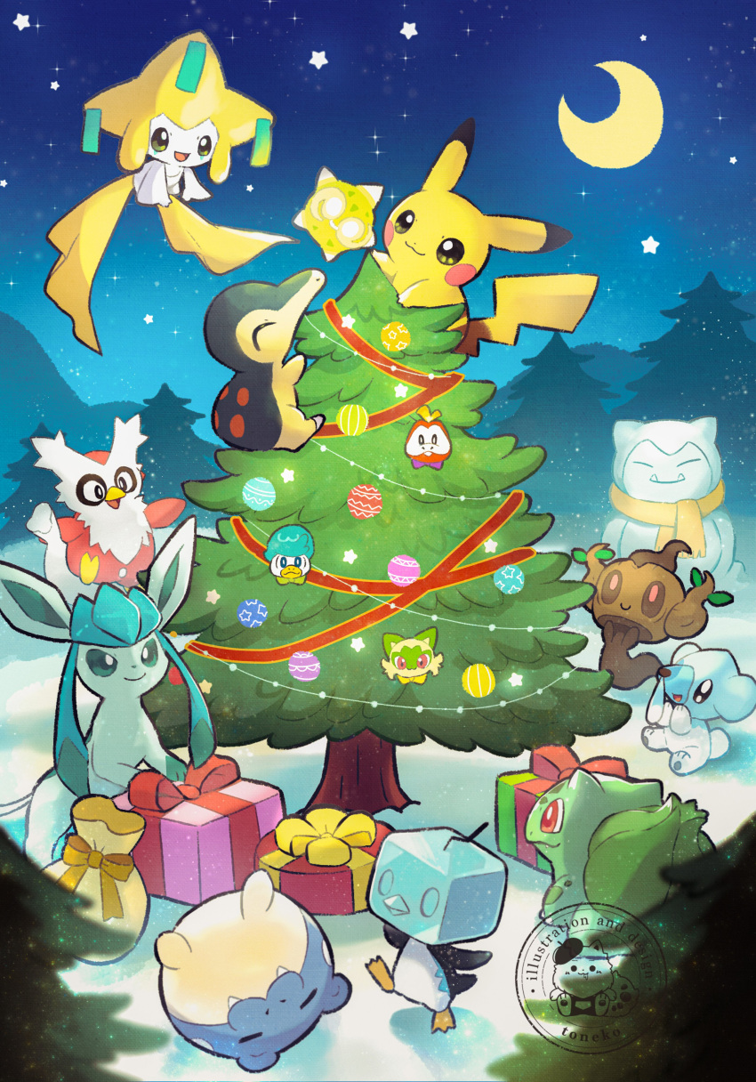 absurdres, bulbasaur, christmas, christmas_ornaments, christmas_tree, cubchoo, cyndaquil, delibird