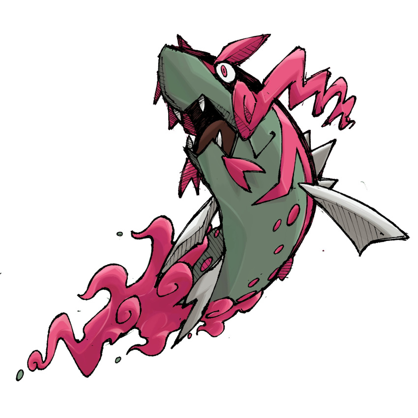 animal_focus, basculegion, basculegion_(male), commentary, english_commentary, fins, fish, full_body, highres, no_humans, open_mouth, pink_eyes, pokemon, pokemon_(creature), pokemon_focus, pr_quote, simple_background, solo, teeth, white_background