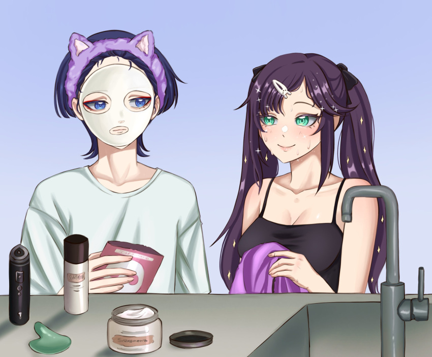 1boy, 1girl, 9701athra, alternate_costume, animal_ear_hairband, animal_ears, applying_makeup, bare_shoulders