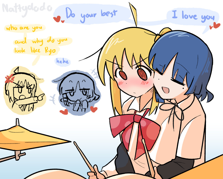 2girls, ahoge, blonde_hair, blue_hair, bocchi_the_rock!, bow, bowtie, commentary
