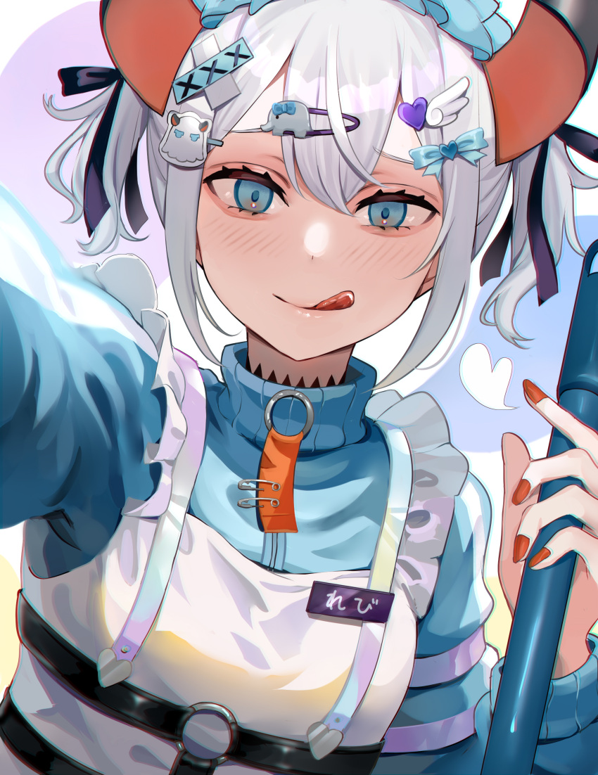 1girl, :q, absurdres, apron, black_ribbon, blush, closed_mouth, green_eyes
