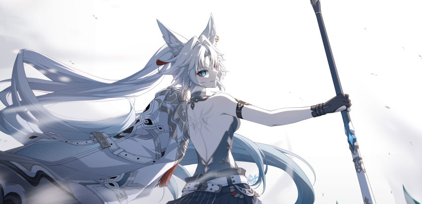 1girl, absurdres, animal_ear_fluff, animal_ear_piercing, animal_ears, back, back_focus, back_tattoo
