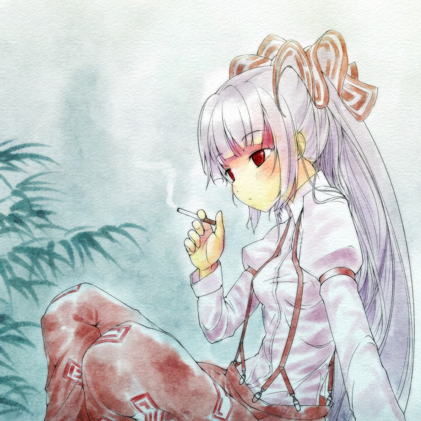cigarette, colored, fujiwara_no_mokou, hair_ribbon, highres, p_second, ribbon, sitting, smoking, solo, tengoku, touhou