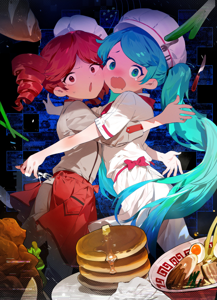 2girls, absurdres, apron, baguette, blue_hair, bowl, bread, butter