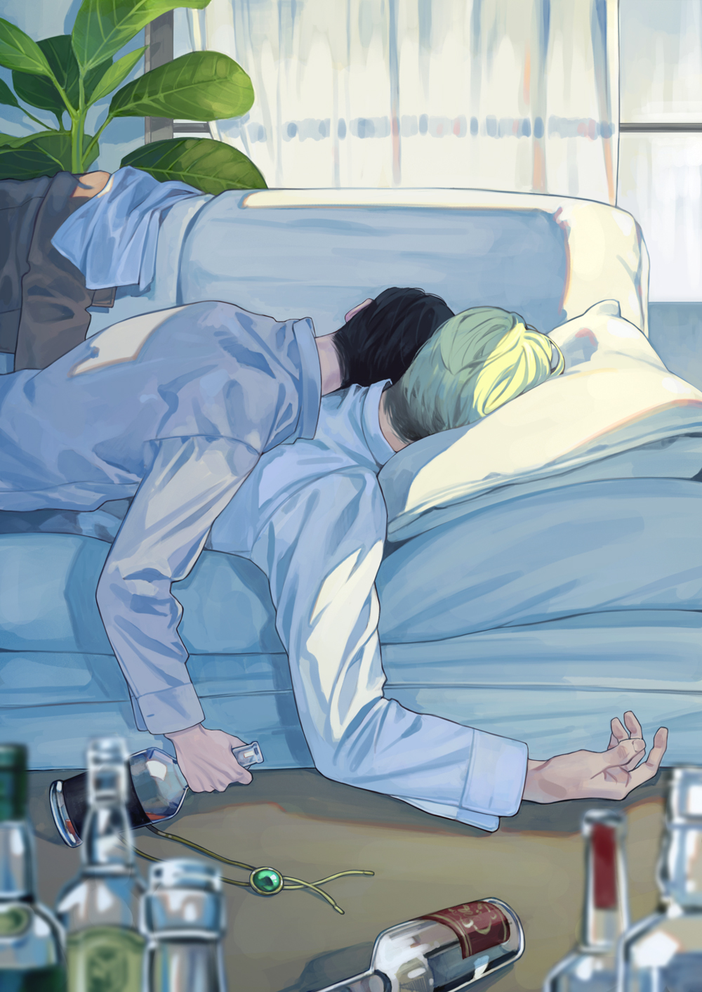 2boys, alcohol, black_hair, blonde_hair, bolo_tie, bottle, commentary_request, couch