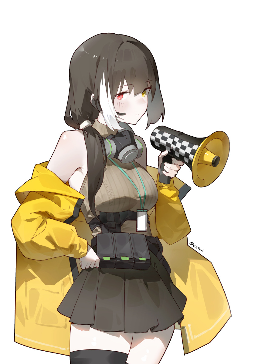 1girl, absurdres, black_hair, black_skirt, black_thighhighs, breasts, commentary, coteri, earpiece, english_commentary, gas_mask, girls_frontline, heterochromia, highres, holding, holding_megaphone, jacket, long_hair, mask, megaphone, multicolored_hair, off_shoulder, open_clothes, open_jacket, parted_lips, pleated_skirt, red_eyes, ro635_(girls'_frontline), ro635_(mod3)_(girls'_frontline), simple_background, skirt, solo, streaked_hair, thigh-highs, white_background, white_hair, yellow_jacket