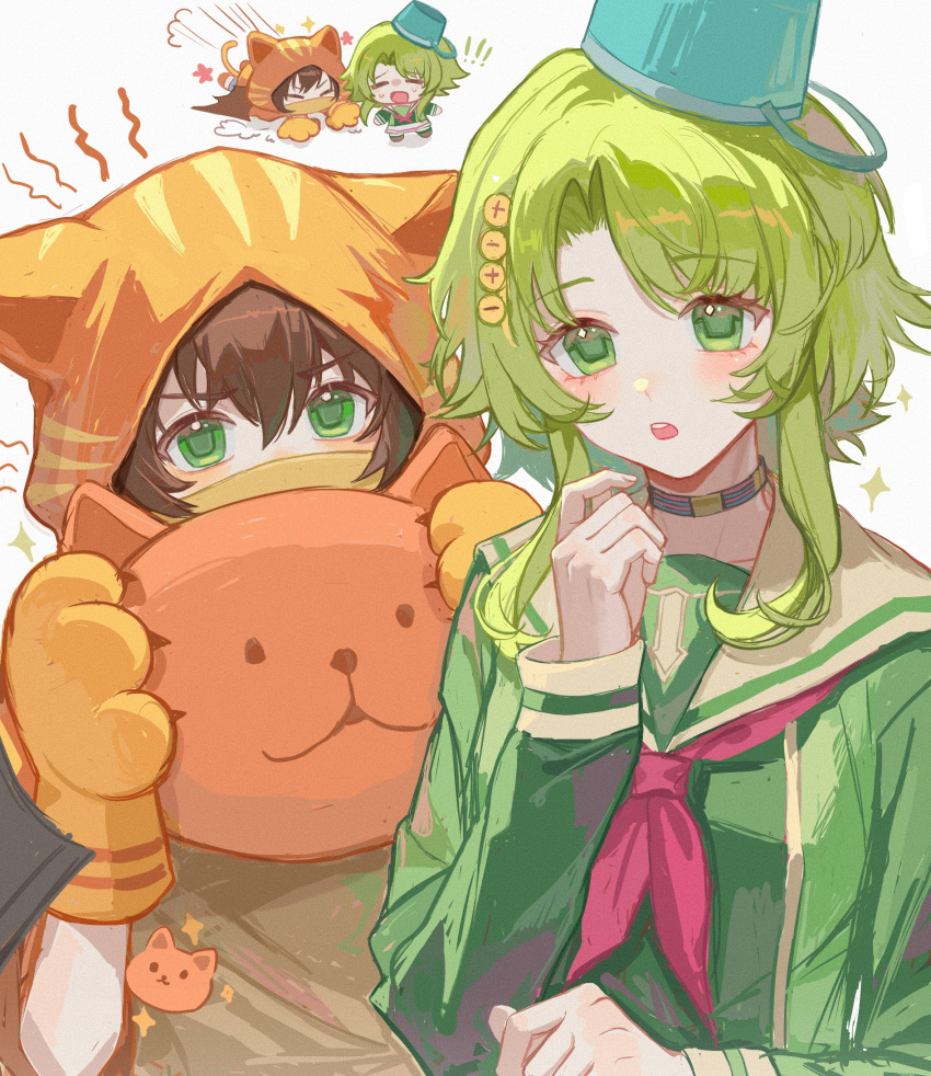 1boy, 1girl, animal_ear_hood, animal_hands, animal_hood, blouse, brown_hair, bucket_hat