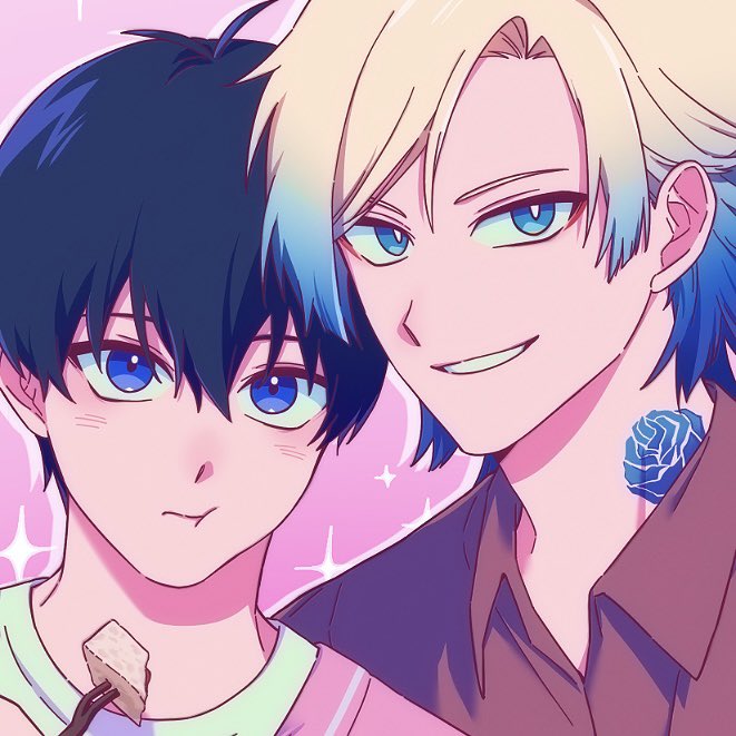 2boys, blonde_hair, blue_eyes, blue_hair, blue_lock, chewing, collared_shirt, colored_tips
