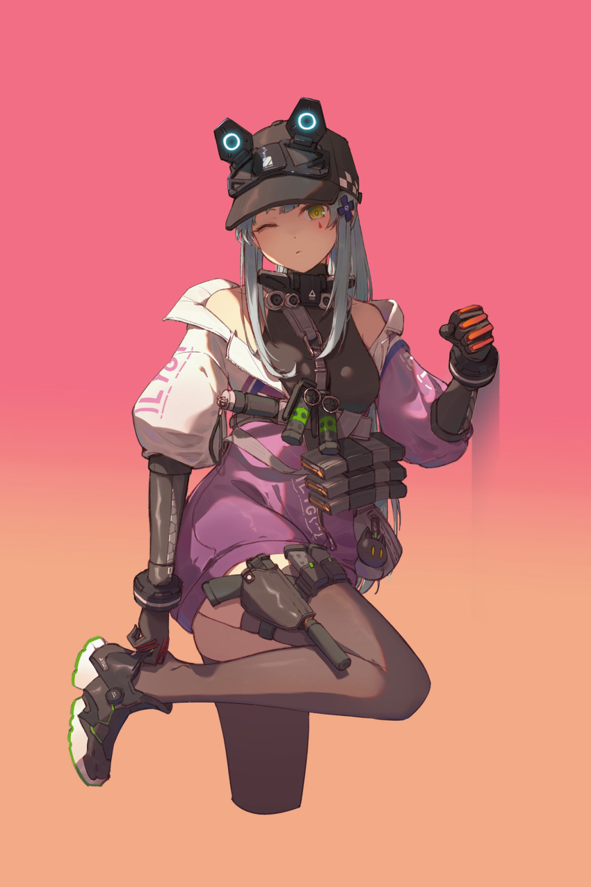 1girl, adjusting_footwear, baseball_cap, black_hair, black_thighhighs, blue_hair, breasts, closed_mouth