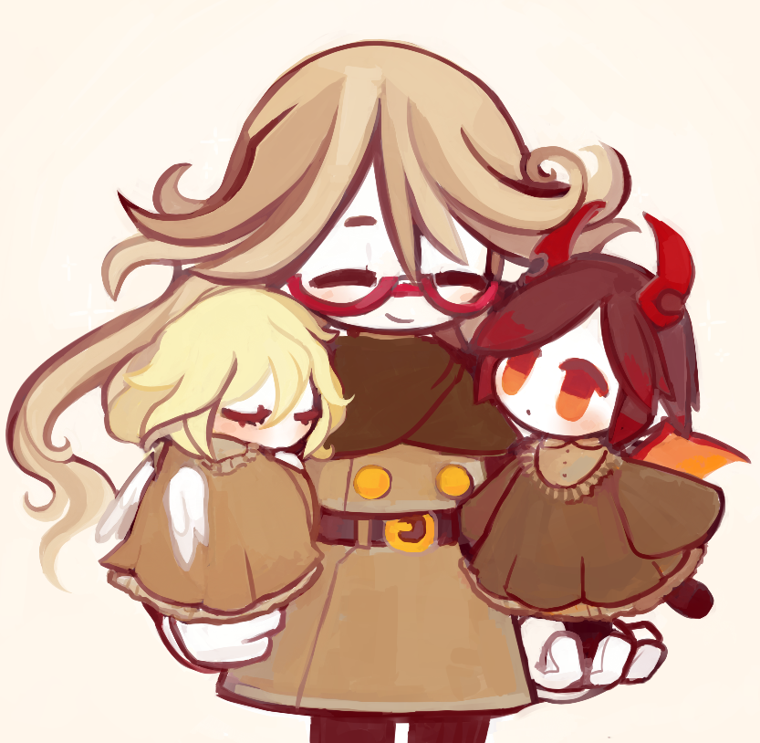 1girl, 2boys, angel, angel_wings, blonde_hair, child, demon_boy, demon_horns, funamusea, gaugaa, glasses, halo, horns, igls_unth, ivlis_(funamusea), looking_at_another, military_uniform, multiple_boys, siralos_(funamusea), sleeping, wings