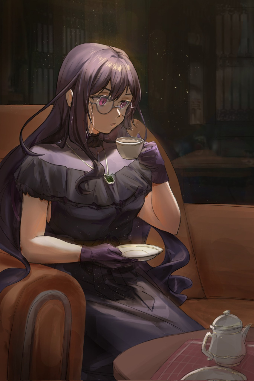 1girl, armchair, black_dress, chair, chinese_commentary, commentary_request, commission, cup