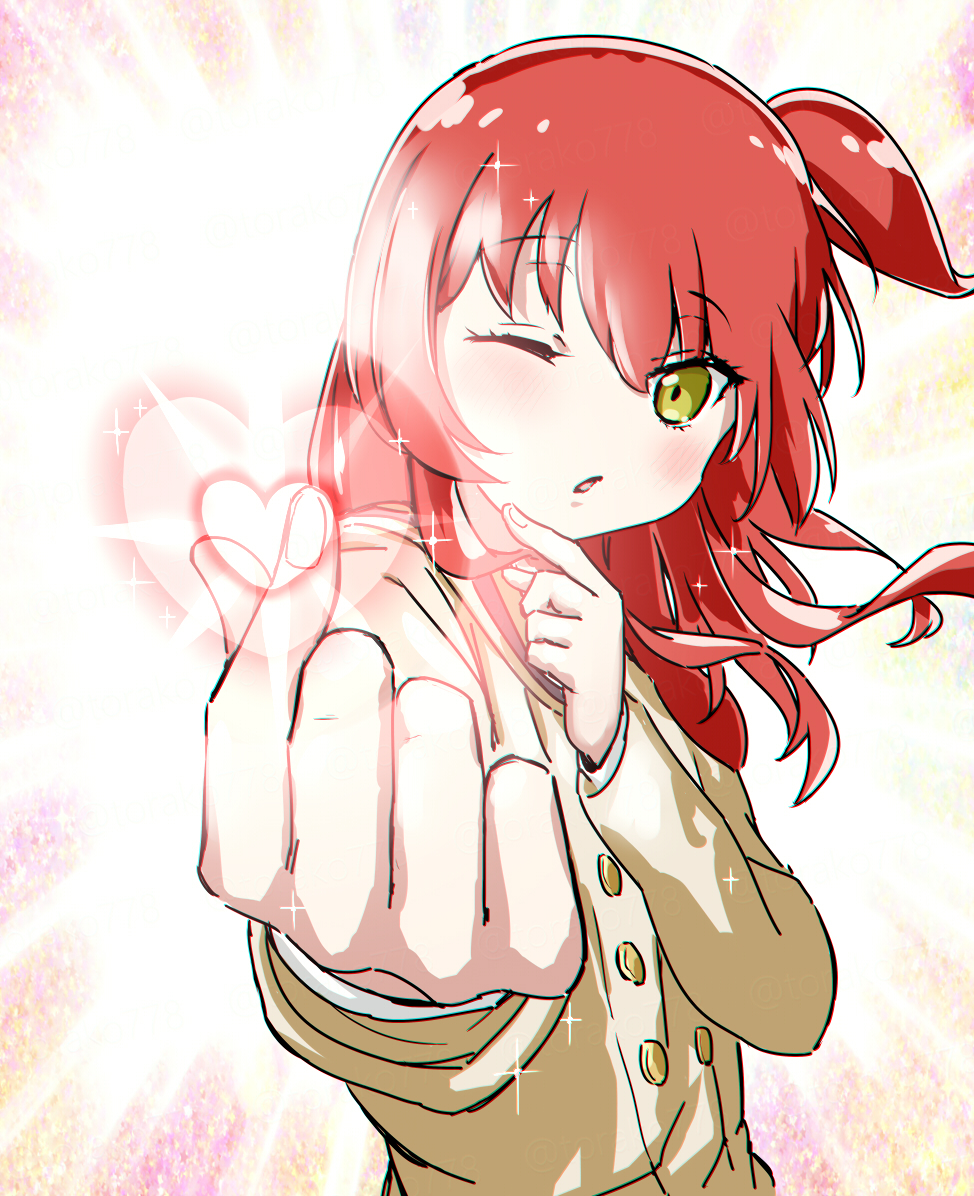 1girl, bocchi_the_rock!, card, finger_heart, flat_chest, floating_hair, geartlinger, gojou's_imaginary_technique