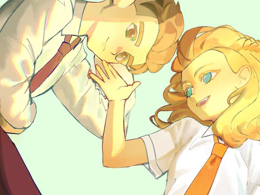 1boy, 1girl, aged_down, arm_behind_head, arm_up, blonde_hair, blue_eyes, braid