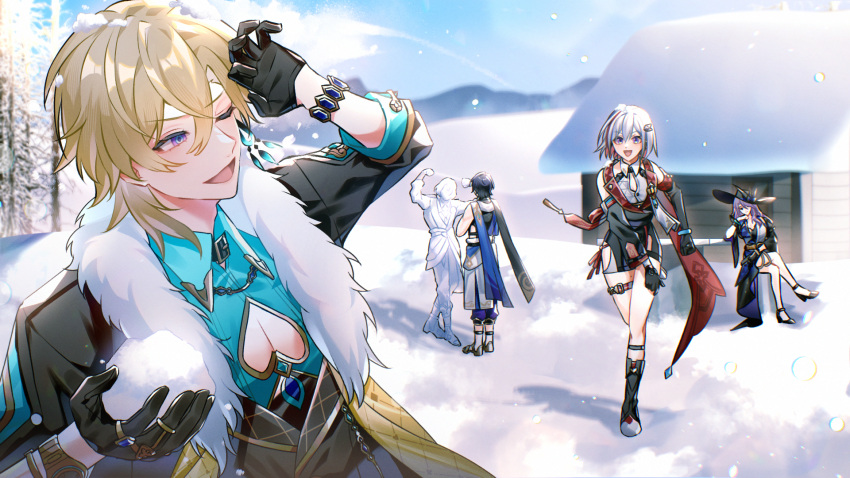 2boys, 2girls, :d, aqua_shirt, aventurine_(honkai:_star_rail), bare_shoulders, black_gloves, black_hat