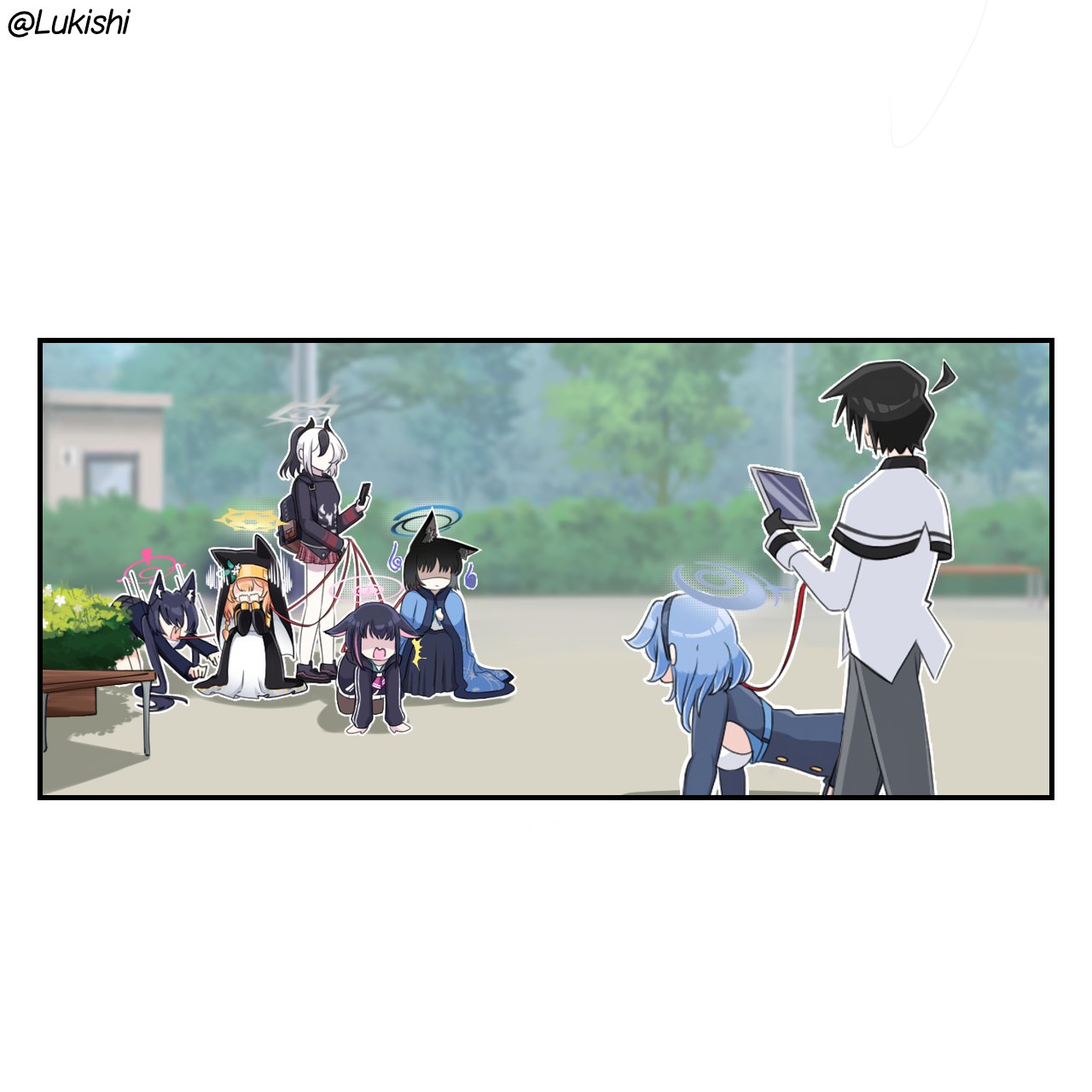 1boy, 6+girls, ^^^, ahoge, ako_(blue_archive), all_fours, angry, animal_ear_fluff, animal_ear_headwear, animal_ears, black_hair, black_hairband, black_hoodie, blue_archive, blue_hair, blue_halo, blurry, blurry_background, cat_ears, cat_girl, cellphone, commentary, day, english_commentary, feet_out_of_frame, flower, full_body, grey_halo, hairband, halo, hat, hat_flower, highres, holding, holding_phone, holding_tablet_pc, hood, hoodie, kayoko_(blue_archive), kazusa_(blue_archive), kikyou_(blue_archive), kimono_on_shoulders, long_hair, long_sleeves, lukishi, mari_(blue_archive), medium_hair, multicolored_hair, multiple_girls, nun, orange_hair, outdoors, park, pet_walking, phone, pink_hair, pink_halo, ponytail, scared, school_uniform, sensei_(blue_archive), serika_(blue_archive), shaded_face, short_hair, simple_background, smartphone, spiky_hair, standing, streaked_hair, tablet_pc, twintails, twitter_username, two-tone_hair, white_background, white_flower, white_hair, yellow_halo