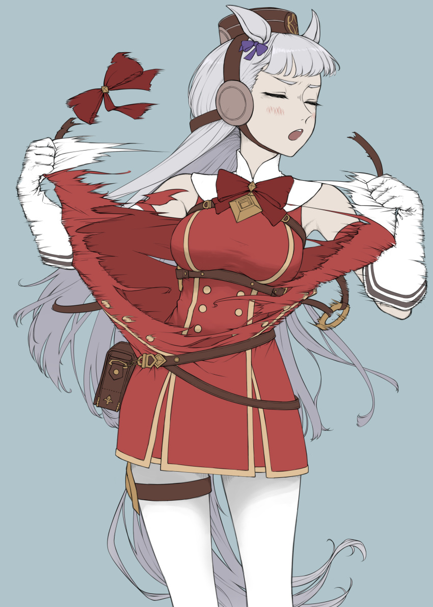 1girl, absurdres, animal_ears, bare_shoulders, breasts, dress, ear_ribbon, gloves