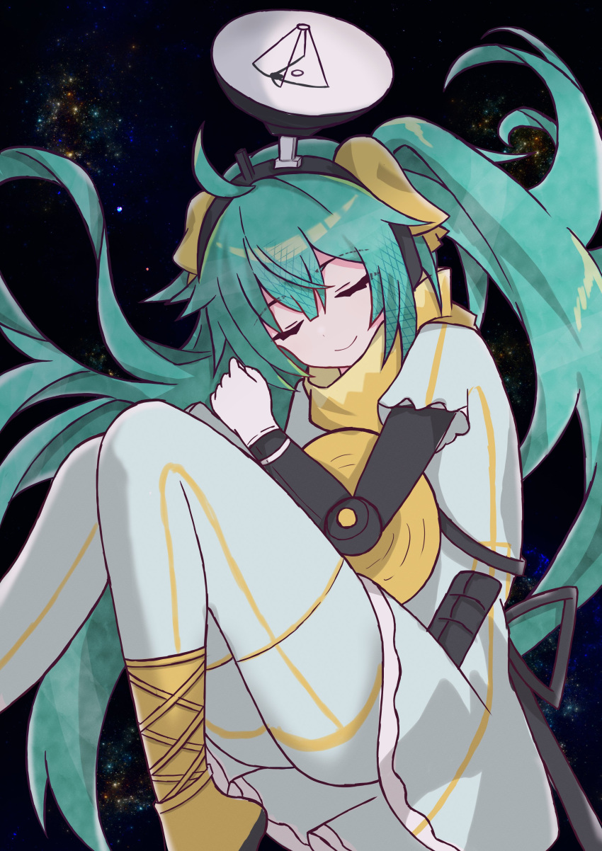 1girl, absurdres, alternate_costume, aqua_hair, boots, closed_eyes, closed_mouth, dress, grey_dress, grey_pantyhose, hatsune_miku, highres, long_hair, noir_(noire6959), pantyhose, satellite_dish, short_dress, solo, space, twintails, very_long_hair, vocaloid, yellow_footwear