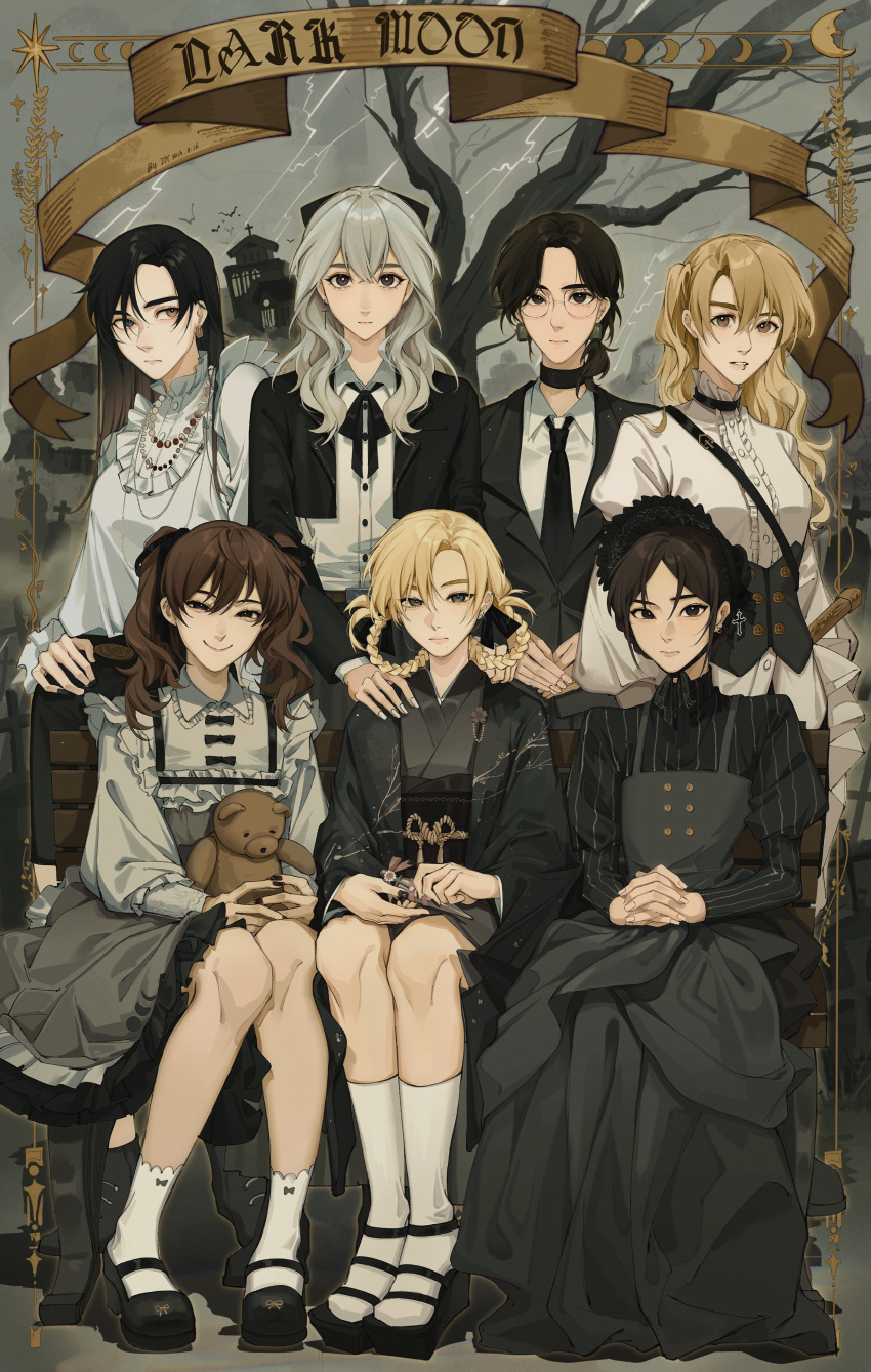 6+girls, absurdres, black_dress, black_eyes, black_haori, black_kimono, blonde_hair, braid