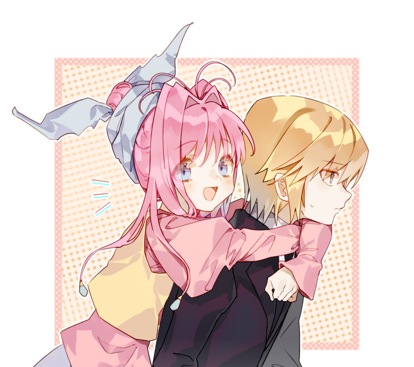 1boy, 1girl, blonde_hair, blue_eyes, blush, excited, hair_bun, hair_ornament
