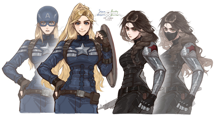 2girls, absurdres, arm_shield, blonde_hair, blue_bodysuit, blue_pants, bodysuit, braid