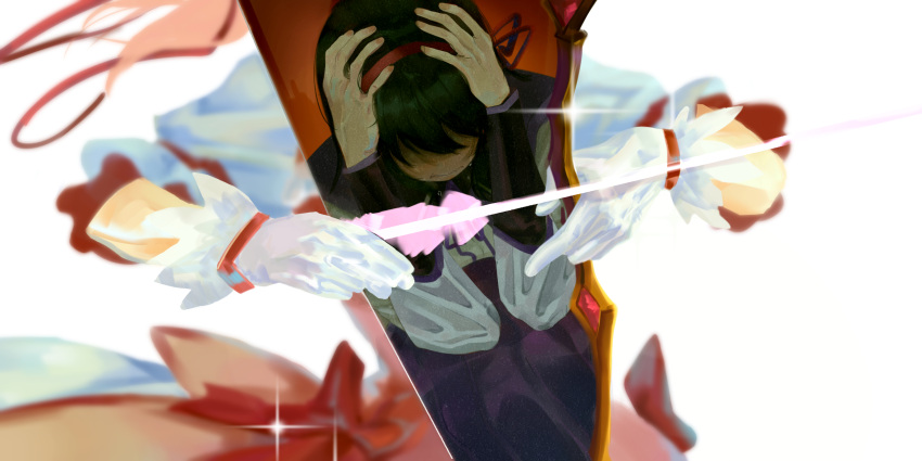 2girls, absurdres, akemi_homura, arrow_(projectile), black_capelet, black_hair, bow, bow_(weapon)