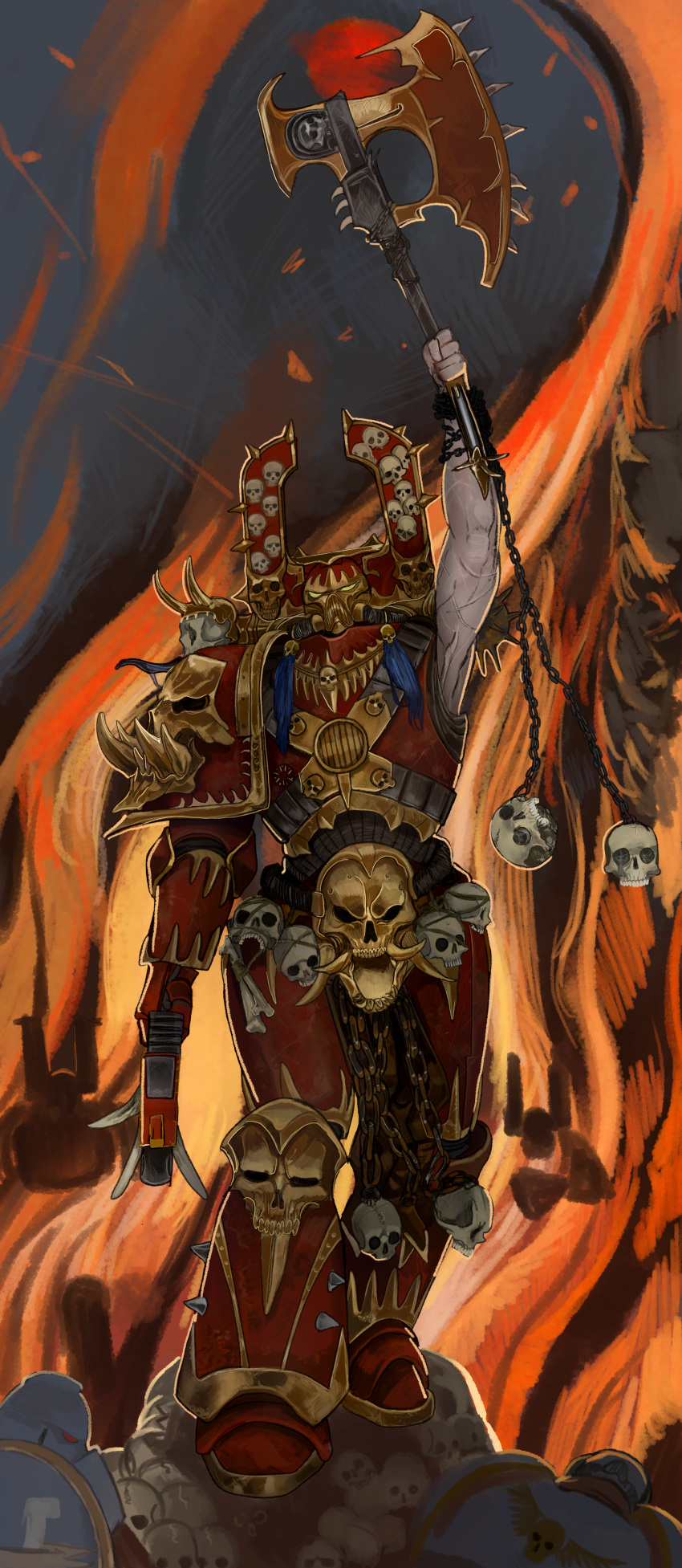 1boy, 3boys, absurdres, adeptus_astartes, arm_up, armor, axe, bolt_pistol