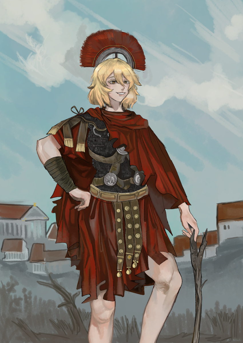 1boy, 1girl, arm_wrap, armor, belt, blonde_hair, blue_sky, centurii-chan_(character), chainmail, cityscape, cloak, day, hair_between_eyes, hand_on_own_hip, highres, holding, holding_stick, kkghost_tv, medal, orange_eyes, original, outdoors, plume, pteruges, red_cloak, roman_armor, roman_empire, short_hair, shoulder_armor, skirt, sky, smile, solo, stick