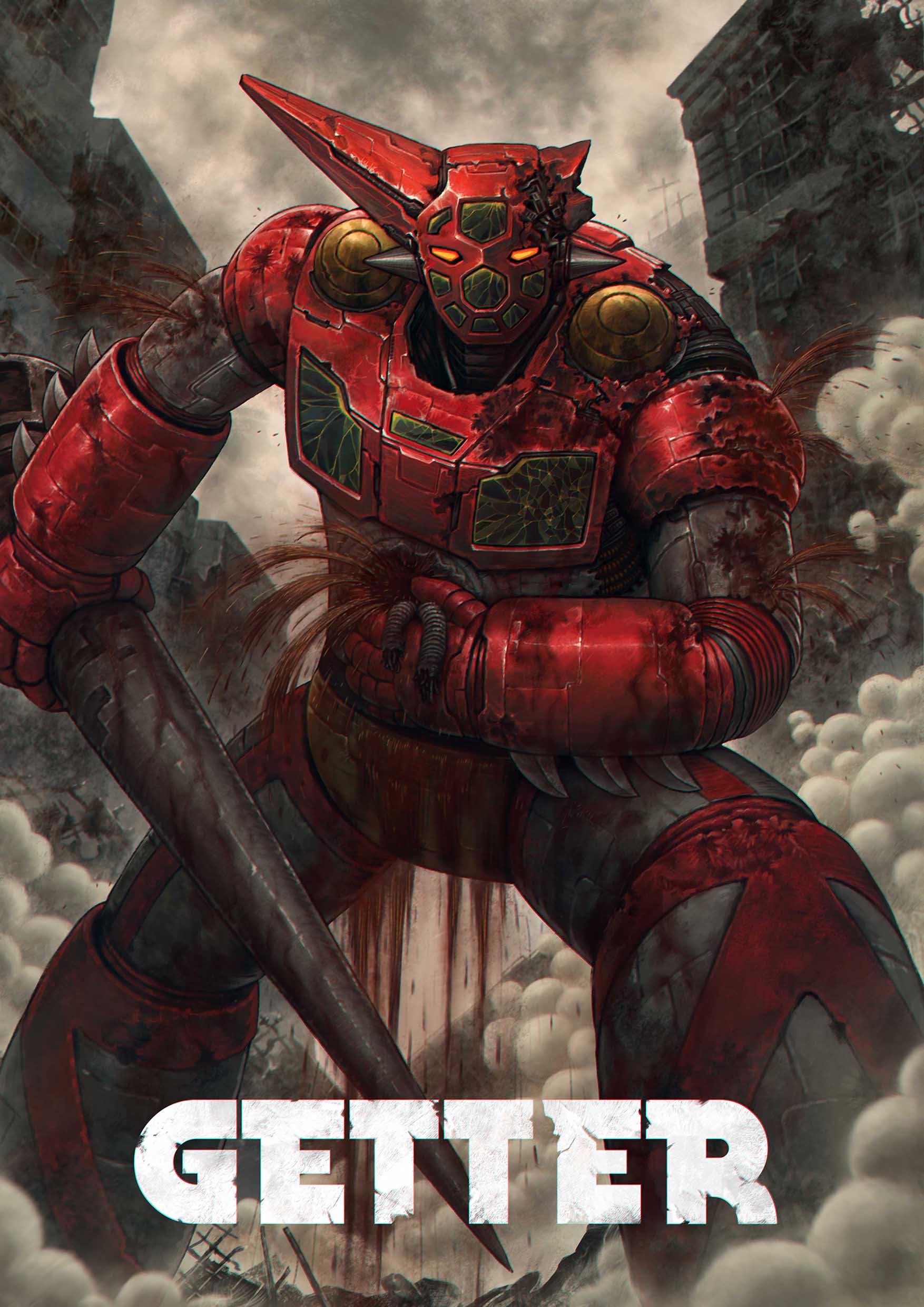 absurdres, arm_blade, armor, battle_damage, bleeding, blood, building, covering_injury