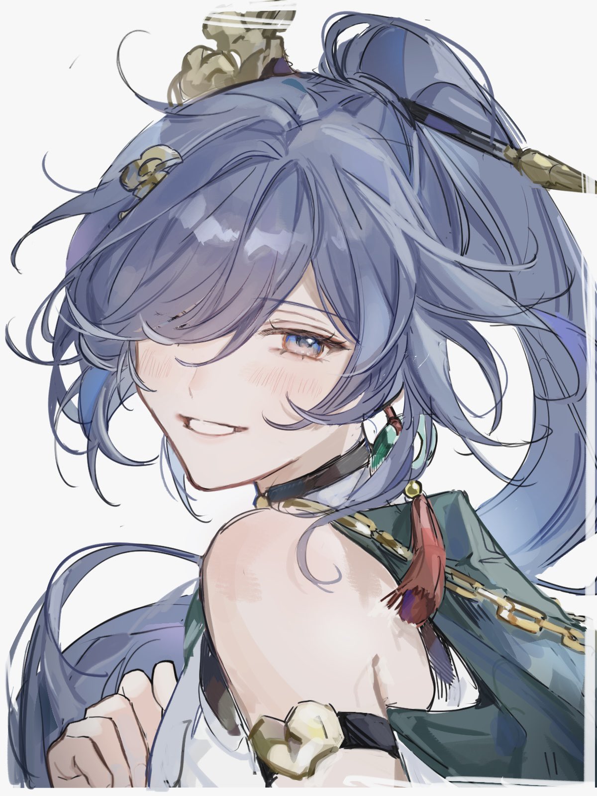 1girl, bare_shoulders, blue_eyes, blue_hair, blush, commentary_request, dress, earrings