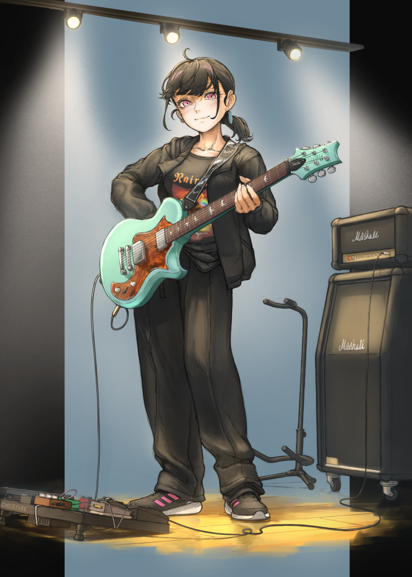 1girl, absurdres, amplifier, black_hair, blush, commentary_request, commission, effects_pedal, electric_guitar, full_body, guitar, highres, instrument, jacket, looking_at_viewer, medium_hair, mji_(emucchi), open_clothes, open_jacket, original, pedal_board, pink_eyes, ponytail, rainbow_(band), shirt, shoes, skeb_commission, smile, sneakers, solo, stage_lights, variant_set