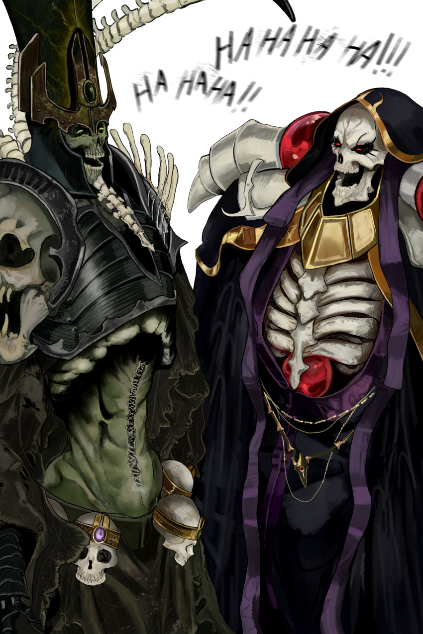 2boys, absurdres, ainz_ooal_gown, black_cloak, black_sclera, bone, cloak, colored_sclera, crossover, green_eyes, headdress, highres, hood, hooded_cloak, kkghost_tv, laughing, multiple_boys, nagash, necromancer, overlord_(maruyama), red_eyes, ribs, skeleton, skull, stitched_torso, stitches, undead, warhammer_fantasy
