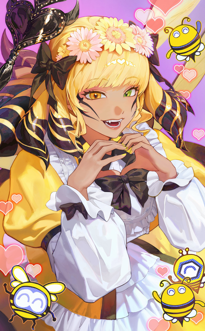 1girl, absurdres, arthropod_girl, bee, bee_girl, black_bow, black_bowtie, blonde_hair